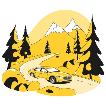 A car driving along a winding road, surrounded by tall evergreen trees. The car is a sleek, modern design, with shiny details and smooth curves. The road is paved, with gentle curves and elevation changes, creating a dynamic landscape. In the background, the majestic mountains rise high, their peaks visible above the tree line. The scene is filled with a sense of adventure as the car navigates through the lush greenery of the forest.