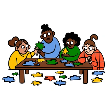 Peeps working together to complete a large jigsaw puzzle