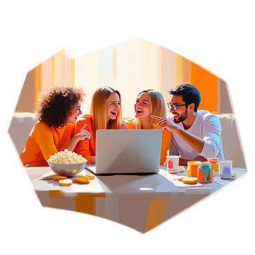 A group of four friends is gathered around a silver laptop on a wooden table, their expressions filled with laughter. Two of the friends, one with curly brown hair and the other with straight dark hair, lean in closely to get a better view of the screen. The third friend, with blonde hair, throws their head back in a hearty laugh, while the fourth, with glasses and short black hair, is pointing at the screen with a smile. Snacks are scattered across the table, including a bowl of popcorn and some soft drinks. The room is warmly lit, creating a cozy atmosphere as they share this joyful moment together.