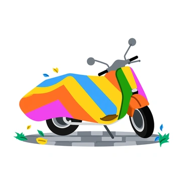 A colorful moped protective cover draped over a parked scooter, displaying a mix of vibrant patterns. The scooter is positioned on a cobblestone street, partially obscured by the cover. The wind lifts and billows the edges of the cover, creating dynamic movement. Surrounding the scooter are small leaves and debris being stirred by the gusts, adding to the sense of motion in the scene.