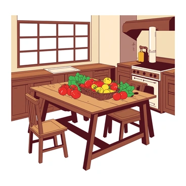 A farmhouse kitchen features rustic wooden furniture, including a large, sturdy dining table surrounded by matching chairs. On the table, there is an array of fresh produce, including vibrant red tomatoes, green leafy vegetables, and yellow peppers neatly arranged in a woven basket. Sunlight streams in through a large window, illuminating the warm wooden surfaces and creating a cozy atmosphere. A vintage-style stove is visible in the background, adding to the charm of the kitchen.