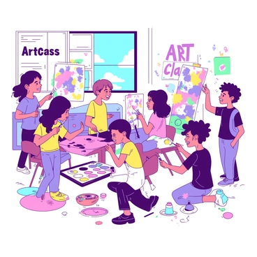 A group of students is energetically painting on their canvases in a bright art classroom. Each student has a unique canvas with colorful splashes of paint, showcasing their creativity. Some students are using brushes, while others are utilizing sponges and their fingers to apply paint. The classroom is filled with various art supplies, such as paint tubes and palettes, scattered around. The walls are adorned with vibrant art pieces created by the students, enhancing the lively atmosphere. "Art class" is written on a sign hanging in the background.