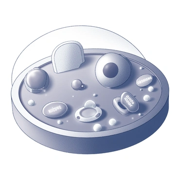 A futuristic landscape depicting an animal cell structure. The scene features a large, circular cell membrane that is semi-transparent and pulsating. Inside, various organelles are prominently displayed, each one distinct in shape and size. Mitochondria appear as elongated structures with intricate internal details, and they have a subtle glow to them. The nucleus is spherical, featuring a visible nucleolus and surrounded by a nuclear envelope. Ribosomes are scattered throughout the cytoplasm, appearing as small dots. Each organelle is labeled with clear, glowing text indicating its name. The overall atmosphere is one of scientific exploration, with intricate details showcasing the complexity of the cell.