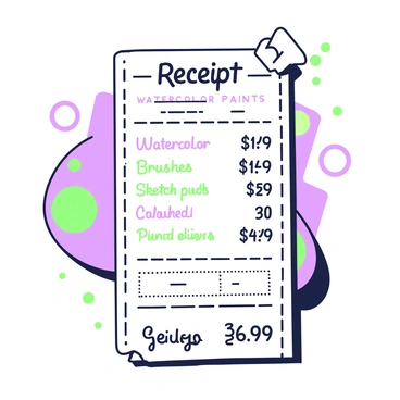 A receipt is displayed on a flat surface, featuring a list of various art supplies. The items include "watercolor paints," "brushes," "sketch pads," and "colored pencils," with prices next to each item. The prices are handwritten in a vibrant ink, showcasing a mix of styles and sizes. The receipt has a slight curl at the ends and bears a few doodles in the margins. A corner of the receipt is slightly torn, adding to the creative appearance. In the background, there's a faint outline of a palette with dabs of paint, emphasizing the artistic theme.
