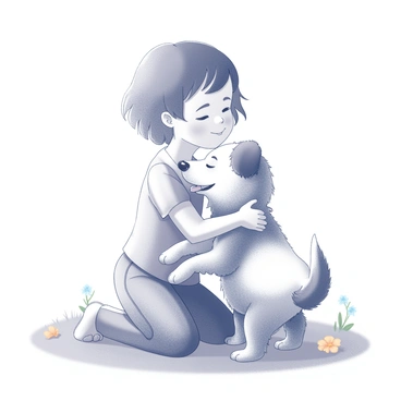 A child is kneeling on a grassy surface while embracing a small, fluffy dog. The child's face is filled with joy and warmth as they press their cheek against the pet's fur. The dog appears content, with its tail wagging and tongue out, reflecting a bond of affection. The setting includes a few colorful flowers scattered around, enhancing the scene of care and compassion. A soft breeze moves the child's hair gently, suggesting a moment of peace and connection between them and the rescued pet.