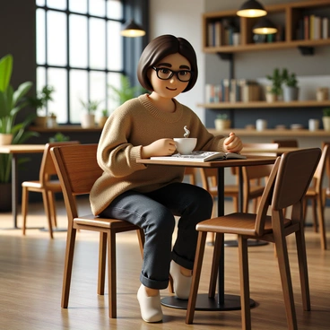 An illustrator with short brown hair, wearing black-rimmed glasses and a cozy sweater, is seated at a small wooden table in a café. The table holds a steaming cup of coffee with a delicate swirl of cream on top. The illustrator is focused on a sketchbook, which is open and filled with detailed pencil sketches. Around the table, the café ambiance includes wooden chairs, potted plants, and soft lighting creating a warm atmosphere. In the background, shelves with books and art supplies are partially visible, contributing to the creative environment.