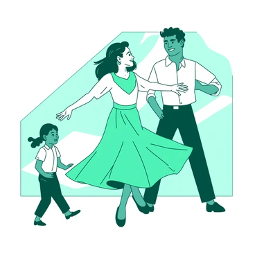 Two teal dancers, a man and a woman, are joyfully dancing together in a bright environment. The man is wearing a white shirt and black pants, while the woman dons a flowing white dress that twirls around her as she moves. They are both smiling, extending their hands towards a shy friend standing nearby. The friend, a young person clad in a muted outfit, looks hesitant but intrigued, glancing at the dancers with a slight smile. The background features soft, undefined shapes, enhancing the feeling of movement and joy in the scene.