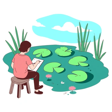 A teal pond is filled with large green lily pads floating on the surface. Nearby, a person with short brown hair is sitting on a weathered wooden stool, intently sketching the scene in front of them. The person has a sketchbook on their lap, and their right hand is holding a pencil, poised above the page. There are tall green reeds swaying gently in the breeze around the pond, and a few delicate pink flowers bloom on the lily pads. The water is clear and reflects the blue sky above, dotted with a few fluffy white clouds.
