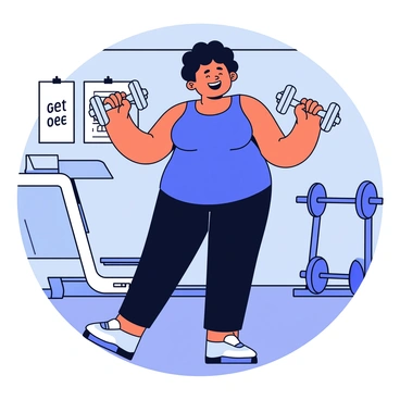 A plus-sized woman with short curly hair is celebrating her fitness progress in a gym. She is wearing a bright blue tank top and black athletic leggings. The woman is lifting a pair of shiny silver dumbbells, one in each hand, with a joyful smile on her face. Around her, gym equipment is visible, including a treadmill and weights on a rack. The walls of the gym are painted a soft gray color, with motivational posters hanging nearby.