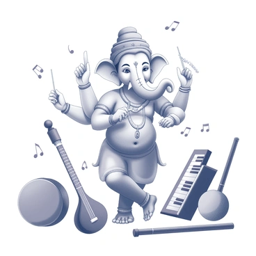 A figure of Ganesha, depicted with a large elephant head and multiple arms, stands in the center. Surrounding Ganesha are various musical instruments, including a sitar, tabla, flute, and a harmonium. Ganesha's hands are raised, with one hand holding a small drum and another gesturing as if conducting an orchestra. The instruments are arranged closely around him, creating a scene filled with energy and rhythm. The expression on Ganesha's face reflects concentration and joy as he orchestrates the symphony, while musical notes seem to emanate from the instruments, adding a dynamic element to the image.