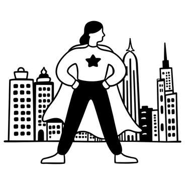 A woman wearing a superhero costume stands proudly with her hands on her hips. She has a confident posture and is positioned in front of a detailed cityscape backdrop, characterized by tall buildings and structures. The skyline stretches across the image, showcasing various architectural styles. The contrast between the woman and the cityscape emphasizes her strength and presence.