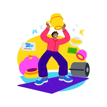 A cartoon character with a wide smile and bright colors is energetically performing a goblet squat. The character has large, expressive eyes and oversized limbs, emphasizing the exaggerated movements. They are holding a giant, shiny goblet above their head with both hands, showcasing their strength. The character is squatting down low, with their knees bent and feet firmly planted on a vibrant, colorful gym mat. The background is filled with playful fitness-themed elements, like oversized weights and cheerful workout posters.