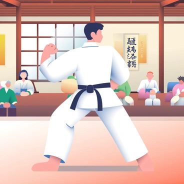 A karate student demonstrating a kata in a dojo during a belt promotion ceremony.