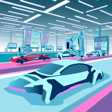 A vast futuristic factory filled with streamlined, metallic structures and bright, overhead lights. Robotic arms with intricate components are skillfully assembling sleek flying cars, each car featuring smooth, aerodynamic lines and vibrant colors. The assembly line is bustling with activity, showcasing various stages of production. Some robots are welding parts together, while others are conducting tests on the vehicles. Large screens display data and blueprints, while drones hover above, monitoring the process. The floor is polished and reflects the high-tech surroundings, emphasizing the advanced technological environment of the factory.