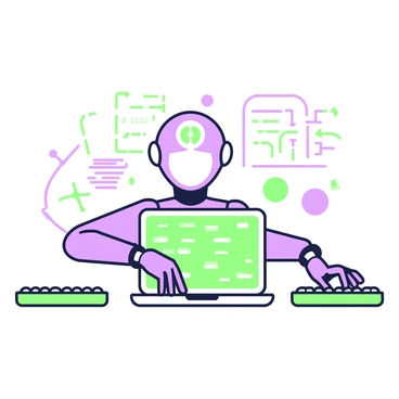 An AI figure is positioned at a central workstation, surrounded by several keyboards. The figure has a sleek, futuristic design, with smooth lines and a luminous outline. Each hand is actively engaged, with fingers flying over the keys of three different keyboards arranged in a semicircle. The workstation features a glowing screen in front, displaying lines of code and data streams. In the background, there are abstract shapes and patterns, hinting at a digital environment, emphasizing the AI's rapid processing capabilities.