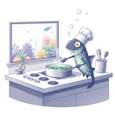 A fish with vibrant scales is wearing a chef's hat while standing in a kitchen submerged underwater. The kitchen features various cooking utensils and appliances designed for aquatic use, such as a coral countertop and an anemone-shaped stove. Bubbles are rising around the fish as it skillfully stirs a pot filled with seaweed and small crustaceans on the stove. There is a window in the background showcasing colorful coral and schools of fish swimming outside. The scene captures the whimsical essence of cooking in an underwater environment.