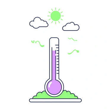A thermometer is standing upright, displaying a bulb filled with mercury that is rising dramatically. The thermometer features clear markings indicating temperature levels. Above the thermometer, a sun-drenched sky is visible, with a bright sun positioned in the top corner. Wispy clouds are scattered throughout the sky, casting soft shadows. The ground below the thermometer is a flat surface that complements the scene, providing context to the rising mercury.
