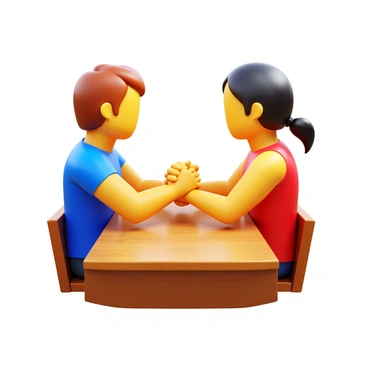 Two people engaged in an arm wrestling match at a sturdy wooden table. One person has short brown hair and is wearing a blue t-shirt. The other person has long black hair tied back and is dressed in a red tank top. Their arms are locked together in a tense position, with expressions of determination on their faces. The table has a rustic finish, and there are faint scratches visible on its surface. The background is a softly blurred room, hinting at a casual setting.