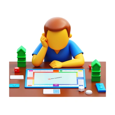 A player sitting at a table, their brow furrowed in concentration. The player has short brown hair and is wearing a blue shirt. The Monopoly board is laid out before them, featuring colorful property spaces and game pieces arranged neatly. The player is leaning forward, resting their chin on one hand, with the other hand hovering over a game piece. Surrounding the board are various tokens, money, and dice, with a vibrant green houses stacked on properties. The room is softly lit, creating a focused atmosphere around the game.