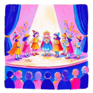 A group of children is on stage, engaging in a school play. They are dressed in colorful costumes, each representing different characters. Some children are wearing hats and masks, while others have capes or props in their hands. The stage is adorned with simple wooden decorations, creating a backdrop for their performance. The soft glow of a spotlight illuminates the center of the stage, highlighting the children's expressions and movements. The audience can be seen in shadowy silhouettes in the foreground, captivated by the scene.