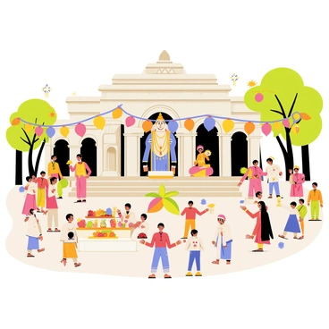 A temple courtyard filled with colorful decorations for a religious festival. The courtyard features a large stone temple with intricate carvings and vibrant banners hanging from its eaves. Brightly colored lanterns are strung between trees, illuminating the scene. People dressed in traditional clothing are gathered, engaging in various activities, such as offering prayers, sharing food, and participating in dances. A table filled with delicious sweets and fruits is positioned in one corner of the courtyard, while a large statue of a deity stands prominently in the center, surrounded by flowers and offerings.