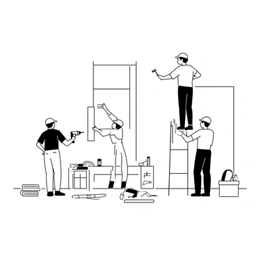 A group of three workers is actively renovating a house. One worker is using a power drill to attach wood panels to a wall, while another worker is painting the walls with a roller brush. The third worker is standing on a ladder, carefully measuring the space for new shelves. Around them, there are various tools scattered on the floor, including a saw and a toolbox. The room shows signs of being in the midst of construction, with plastic sheeting over furniture and paint supplies nearby. A stack of loan documents is placed on a nearby table, symbolizing the financial support for the renovation.
