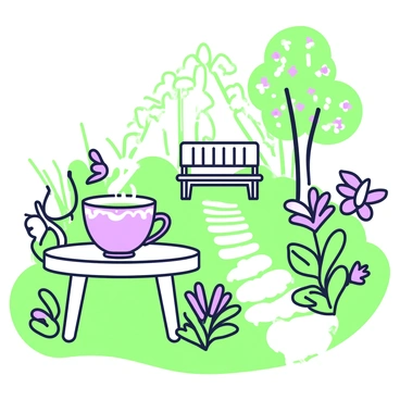 A cup of tea is placed on a small wooden table in a garden. The cup has a delicate design and steam is gently rising from the surface of the tea. Surrounding the table are various plants and flowers with lush greenery. There is a stone path leading through the garden, with a small wooden bench positioned under a flowering tree. The sunlight filters through the leaves, casting soft shadows on the ground. A butterfly is perched on a nearby flower, adding a sense of tranquility to the scene.