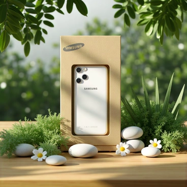 A Samsung product displayed in eco-friendly packaging made from recycled materials. The packaging is adorned with a subtle leaf pattern, emphasizing its sustainable design. Surrounding the product are various nature elements, including green ferns, small white flowers, and smooth pebbles, all arranged on a soft brown wooden surface. Sunlight filters through the leaves overhead, casting dappled shadows on the scene.