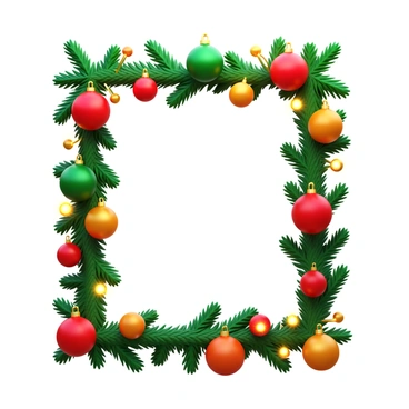 A festive frame featuring a variety of colorful holiday ornaments including red, green, and gold baubles. The frame is intricately designed with green pine garlands and bright twinkling lights woven throughout. There are small snowflakes scattered across the frame for an added seasonal touch. The overall composition creates a cheerful and celebratory atmosphere.