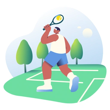 A tennis player with light brown skin and short black hair is positioned on a sunny outdoor court, preparing to perform a powerful serve. He is wearing a white sleeveless shirt and blue shorts, with a white headband around his forehead. His left foot is forward, and his right arm is raised, holding a yellow tennis ball above his head. A tennis racket in his right hand is poised to strike the ball. In the background, there are green trees lining the edge of the court, and a clear blue sky overhead. The court surface is a vibrant shade of green, marked with bright white lines.