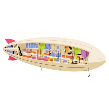 A cutaway view of an airship revealing its detailed interior design and mechanical workings. The airship features a large, elongated body with a streamlined shape. Inside, there are multiple levels showing various functional areas such as passenger cabins with comfortable seating and large windows, a dining area with tables and chairs, and a control room filled with dials and levers. 

Mechanical workings can be observed, including large gears, pipes, and engines, all intricately arranged. There are also colorful balloons and gas chambers contributing to the lift of the airship. Wires and lights illuminate the interior, showcasing the complexity of its design. The outer skin of the airship is visible, with rivets and panels adding to its industrial aesthetic.