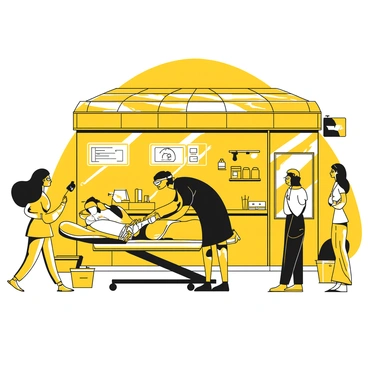 A street-side clinic with a small, open interior filled with medical tools and screens displaying data. In the center, a "cyber doc" is leaning over a patient, focused on repairing a cybernetic arm. The cyber doc is wearing a black medical coat and has a futuristic visor over their eyes. The patient is sitting on an examination table, their arm exposed with intricate machinery visible. Surrounding them are various medical supplies and a holographic display showing blueprints of the arm. Outside the clinic, there are people passing by, some glancing in curiously.