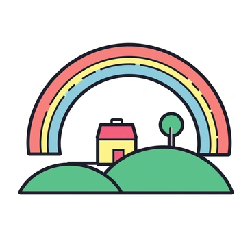 A rainbow arching over a landscape featuring a small chapel surrounded by rolling hills and a few scattered trees.