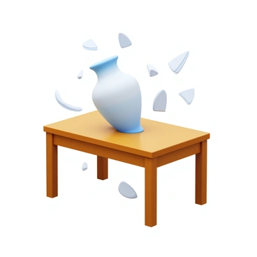 A vase falling off a table, with shards flying as it hits the ground to illustrate impact.