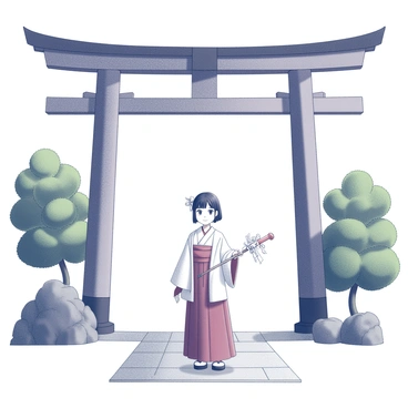 A miko wearing a traditional white kimono with a red obi stands proudly at the entrance of a torii gate. The torii gate is tall and distinctly shaped, symbolizing the transition from the mundane to the sacred. The miko holds a gohei in one hand, a ritual wand decorated with paper streamers, and has a serene expression on her face. Surrounding the entrance are lush green trees, providing a natural frame to the scene. The ground is covered with a stone pathway leading up to the gate, inviting visitors towards the shrine.