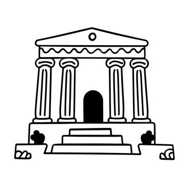 A large building featuring towering columns at its front, showcasing intricate geometric patterns. The grand entrance is situated in the center, flanked by smaller columns, with elaborate designs etched into the stone. The façade is adorned with stylized motifs and decorative elements typical of the era. The surrounding area includes a set of broad steps leading to the entrance, with a few potted plants placed symmetrically on either side.
