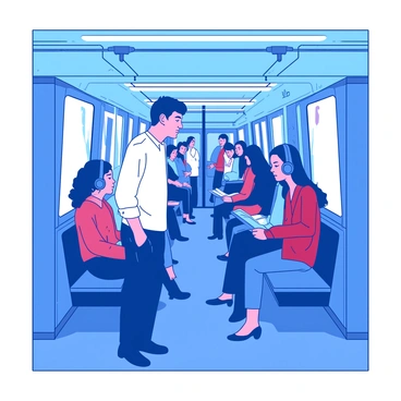 A blue subway train is filled with various passengers standing and sitting closely together. One individual, dressed in a white shirt and dark jeans, has their eyes fixed intently on another passenger across from them. The second passenger, wearing a red jacket and headphones, seems absorbed in their book, unaware of being observed. The train is illuminated by bright overhead lights, highlighting the expressions of curiosity and focus on the first individual’s face as they lean slightly forward.