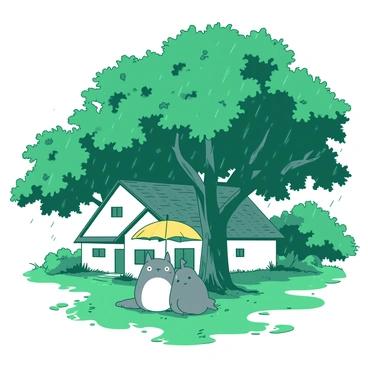 A cozy countryside house with Totoro and Mei sitting under a large tree during a rainstorm.