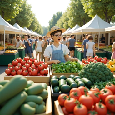 A bustling outdoor market scene filled with various stalls. The sun shines brightly overhead, illuminating the vibrant colors of the fresh produce. A buyer, a middle-aged woman with short curly hair, is examining a selection of fresh vegetables, including bright red tomatoes, crisp green cucumbers, and leafy kale. She is wearing a light blue summer dress and a straw hat. Surrounding her are other shoppers and vendors, each engaged in lively conversation. Stalls display an array of fruits, herbs, and flowers, creating a lively atmosphere filled with activity.
