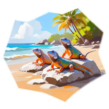 A group of iguanas with varying shades of green and brown are basking in the warm sunlight on a rocky beach in Costa Rica. The rocks are covered with patches of lichen, and the iguanas are positioned at different angles, showcasing their scaly skin and distinctive crests. The beach features fine golden sand and turquoise waters that gently lap against the rocks. In the background, lush greenery and palm trees frame the scene, providing a vibrant contrast to the rugged texture of the rocks and the smoothness of the sand. The sun casts gentle shadows, highlighting the iguanas' relaxed postures as they soak in the sunlight.