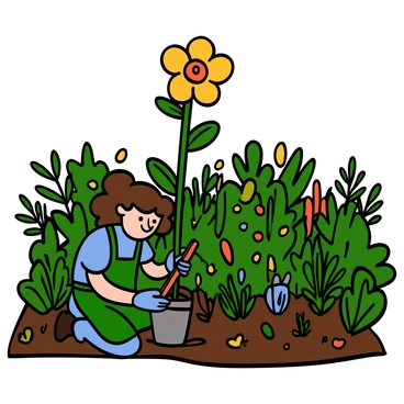 A small gardener with light skin and curly brown hair is kneeling on the ground, carefully tending to a single large flower with vibrant petals in a vast garden. The gardener is wearing a green apron and gloves, surrounded by various plants and greenery. The flower stands tall and proud, showcasing bright colors against the backdrop of a sprawling garden filled with diverse flora. The sunlight casts soft shadows, enhancing the beauty of the scene.
