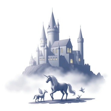 A large, towering castle sits atop a hill, its multiple spires reaching towards the sky. The castle has intricate stonework and large, arched windows, some of which are illuminated from within. Surrounding the castle is a thick blanket of mist that obscures the base of the hill, creating an ethereal atmosphere. In the foreground, several magical creatures are present; a unicorn with a shimmering mane stands gracefully, while a small dragon flutters nearby, its wings outstretched. Additional creatures, such as fairies with delicate wings and a centaur, can be seen peeking through the mist. The scene conveys a sense of wonder and enchantment.