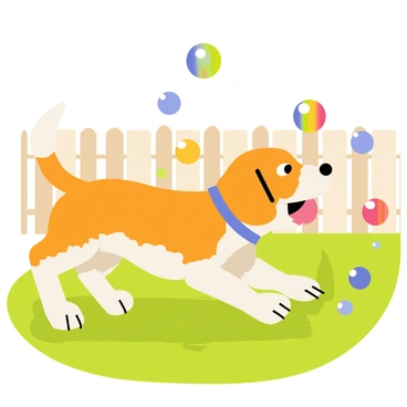 A brown and white beagle with large ears is playfully chasing colorful soap bubbles in a grassy backyard. The beagle's tail is wagging enthusiastically as it jumps and leaps towards the floating bubbles. The background features a wooden fence and a few scattered toys on the ground. Bright sunlight illuminates the scene, creating a cheerful atmosphere. The soap bubbles reflect rainbow colors and hover in the air, adding a whimsical touch to the playful chase.