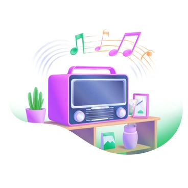 A vintage radio sitting on a wooden shelf, designed with intricate details, showcasing its retro knobs and dials. Above the radio, colorful music notes, including quarter notes and eighth notes, float gracefully in the air. Surrounding the radio are subtle, curved sound waves that radiate outward, suggesting the presence of music. The shelf is adorned with small decorative items, such as a potted plant and a framed photo, adding to the cozy atmosphere.