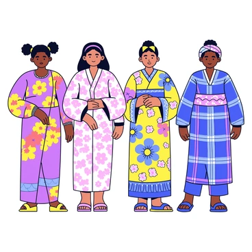 A group of women in traditional attire from different countries standing side by side. On the left, a woman is wearing a colorful sari with intricate patterns and a matching blouse. Next to her, a woman is dressed in a kimono, featuring delicate floral designs in soft pastel colors. In the middle, a woman is in a vibrant dashiki adorned with bold prints. To the right, a woman is wearing a traditional Scottish tartan dress with a matching sash. Each woman has distinct cultural accessories that complement their outfits, such as jewelry and headpieces.