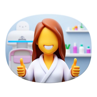 A happy client with long brown hair is giving a thumbs up after her laser hair removal session. She has a bright smile on her face, and her skin looks smooth and glowy. The setting includes a modern aesthetic clinic with clean lines and soft lighting. In the background, there are laser equipment and soothing decor elements that create a welcoming atmosphere. The client is wearing a comfortable robe, and her hands are positioned confidently to show her approval.