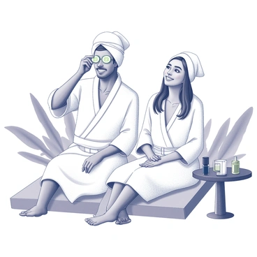A man and woman sitting side by side in a spa environment. The man has a relaxed expression, wearing a white robe and a towel on his head. He is holding a cucumber slice over his eyes. The woman is also in a white robe, seated comfortably with her hands resting on her lap. She has a peaceful expression as she enjoys the ambiance. Soft, indirect lighting casts gentle shadows around them, and there are plants in the background, contributing to a calming atmosphere. Nearby, a small table holds spa items like candles and essential oils.