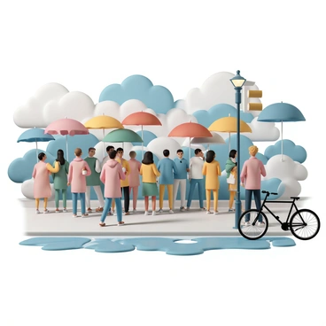 A vibrant street scene bustling with activity. Numerous colorful umbrellas in shades of red, blue, yellow, and green are open overhead, providing shade against a cloudy sky. The ground is wet, with puddles reflecting the bright colors of the umbrellas above. Pedestrians walk along the sidewalk, some wearing raincoats and holding coffee cups. A bicycle leans against a lamp post nearby, adding to the lively atmosphere of the scene.
