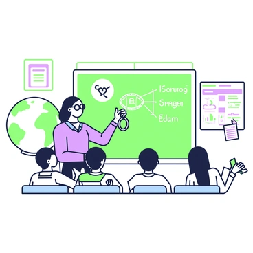 A teacher is standing in a classroom while holding a pair of handcuffs in her right hand. She is wearing glasses and a blue blouse, and her expression is focused as she explains the history of law enforcement. In front of her, there are several students sitting at their desks, attentively listening and taking notes. On the blackboard behind her, there are diagrams and keywords related to law enforcement history. The classroom is filled with various educational posters and a large globe is in the corner.