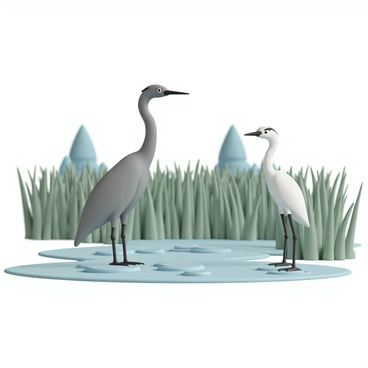 A pair of herons standing gracefully in a lush marshland. The first heron has a striking gray body with a long neck, poised on one leg, while the second heron is slightly smaller with a white body and black accents on its head. The marshland is filled with tall green grass and small patches of water reflecting the sky. In the background, soft silhouettes of trees can be seen, adding depth to the serene environment. Both herons have their sharp beaks pointed forward, scanning the area for fish.